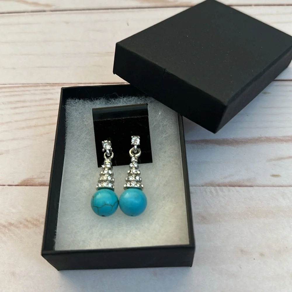 Faux Turquoise With Clear Stones Silver Dangling Pierced Casual Earrings